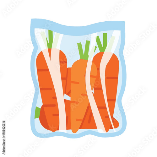 Flat Illustration of Fresh Orange Carrots with Green Tops Packed in a Transparent Plastic Bag Isolated on White Background