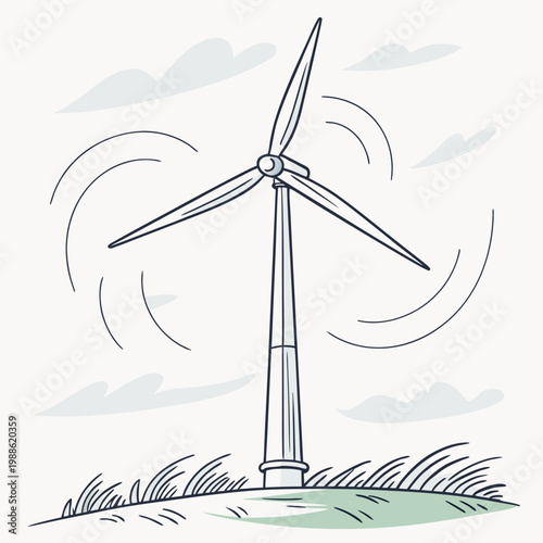 A simplistic line drawing depicts a single wind turbine against a pale sky with grassy terrain and swirling wind currents high quality