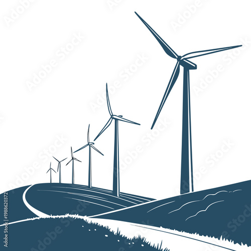 A stylized illustration depicts a row of wind turbines on a rolling hillside with a winding road in the foreground high quality