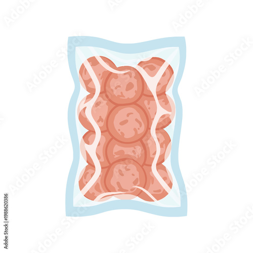 Vector illustration of vacuum-sealed meatballs in transparent plastic wrap for food preservation and storage isolated on white background