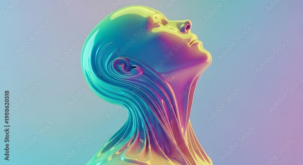 Obraz premium Glossy liquid texture 3D head with flowing iridescent lines. Neural network and data flow concept. Futuristic profile of a face with vibrant teal and purple reflections