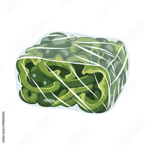 Vector illustration of fresh green seaweed or leafy vegetables wrapped in transparent plastic packaging, isolated on white background for food industry and grocery concepts.