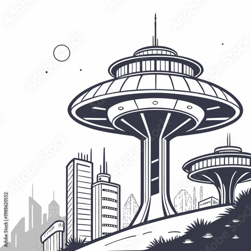 A stylized black and white illustration depicts the iconic space needle of seattle alongside futuristic buildings and a minimalist landscape high quality