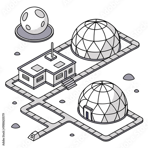 A detailed black and white isometric illustration depicts a lunar base with geodesic domes a control building and a cratered moon