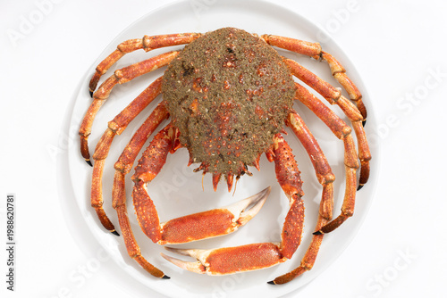 Top view of a Fresh Spider crab or king crab on plate on white background. maja brachydactyla