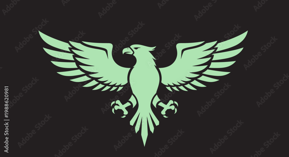 Obraz premium Minimalist green eagle silhouette with spread wings on black background