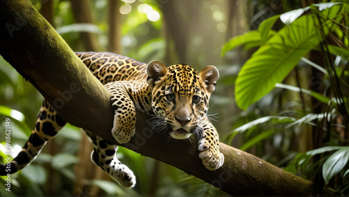 A young mythic   watchful jaguar baby cub hovering silently  with joyful calm, deep warm jungle 