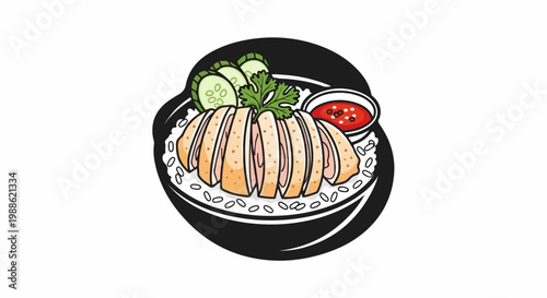 Sliced chicken served with rice, cucumber slices, cilantro, and chili sauce