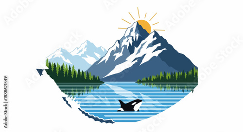 Majestic mountains meet a serene lake with a killer whale, under a radiant sun