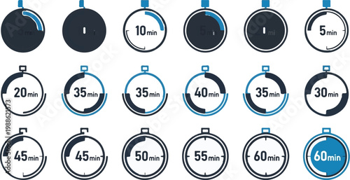 A collection of circular timer icons displaying various minute increments, from 5 to 60 minutes