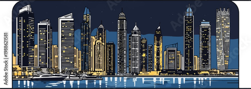 Gleaming skyscrapers illuminate the night sky, reflecting on the tranquil water below