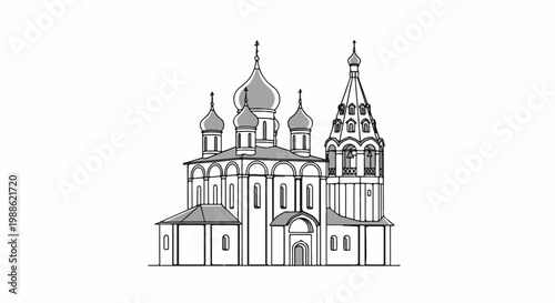 A sketch of an ornate church with multiple domes and a tall bell tower, in monochrome