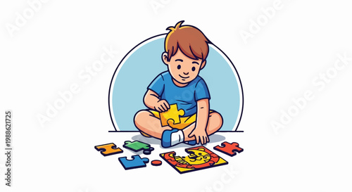 A young boy sits cross-legged, concentrating on completing a colorful jigsaw puzzle