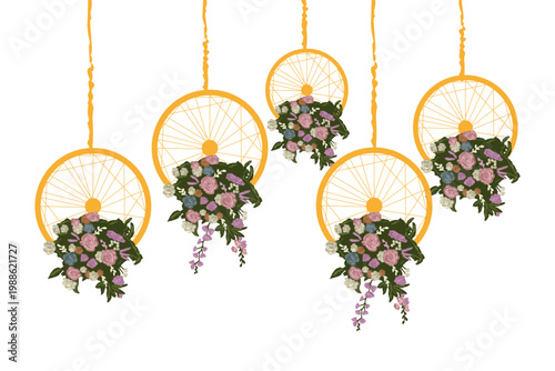 Hanging Decorative Yellow Circular Frames with Floral Arrangements and Rose Bouquets for Indian Wedding Stage Backdrop 