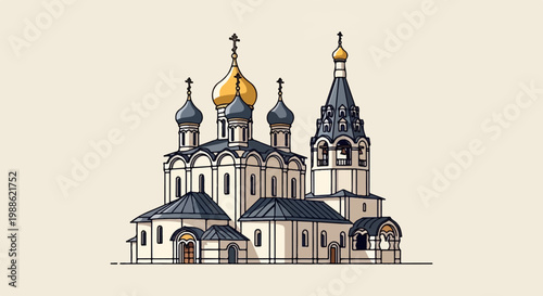 Stylized drawing of an orthodox church with multiple domes and a bell tower