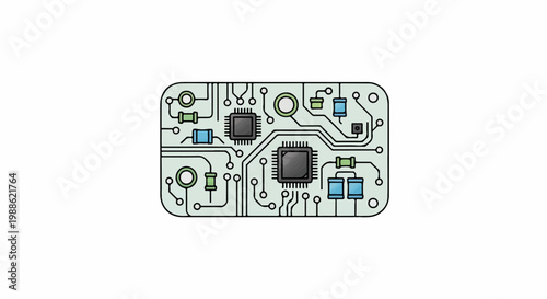 A close-up illustration of a green circuit board with two central processors and various electronic components