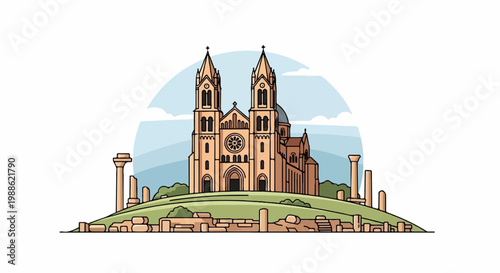 A stylized illustration of a grand church with twin spires and a dome, surrounded by ancient ruins on a grassy hill