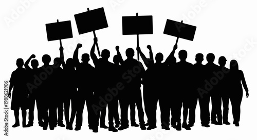 Silhouette crowd of protestors holding blank signs and raising fists in unison against a white background