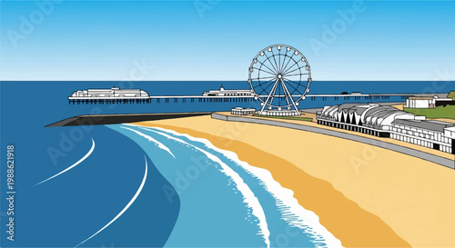 Coastal scene with a sandy beach, blue ocean, and a pier with a Ferris wheel and amusements