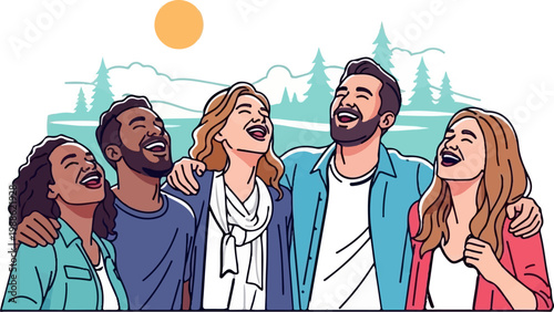 Diverse group of friends laughing joyfully under a sunny sky in a natural setting