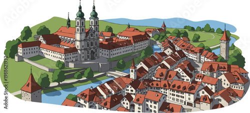 An aerial view of a picturesque town with a large abbey and a winding river