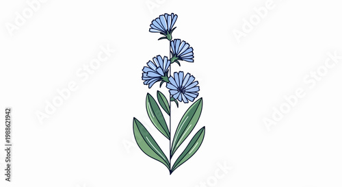 A delicate sprig of blue wildflowers with green leaves, presented against a plain background