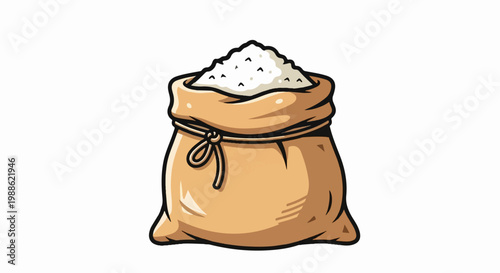 A cartoonish, full sack of white granular material, tied with a rope