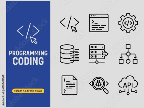 Programming coding icons set with editable stroke for developers and software engineers  coding symbols and programming tools