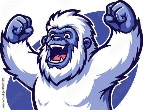 A happy, roaring, blue ape-like creature with white fur, arms raised in victory