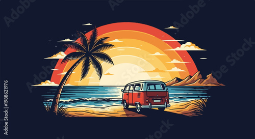 A pixel art scene depicts a vintage van on a beach at sunset with a palm tree