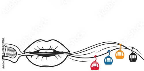 A stylized image shows lips holding a floss pick, with colorful cable cars floating on wavy lines