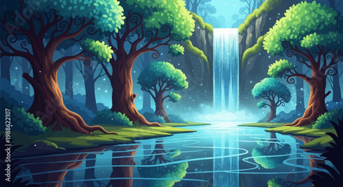 Enchanting pixel art forest scene with cascading waterfall and tranquil pond