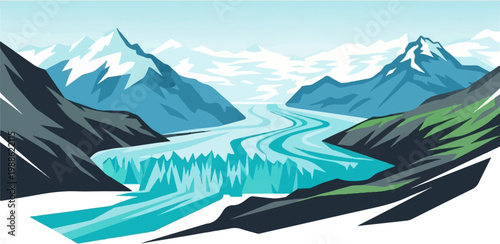 A stylized graphic illustration depicts a winding glacial river flowing between rugged, snow-capped mountains and green hills