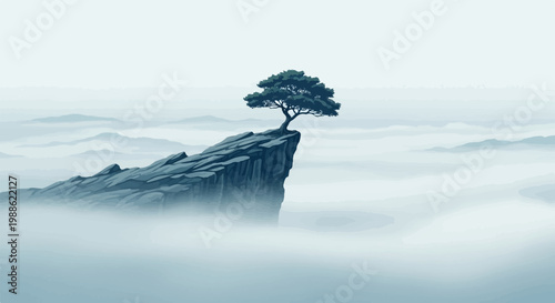 Solitary tree clings to a rock outcrop amidst misty, layered mountains