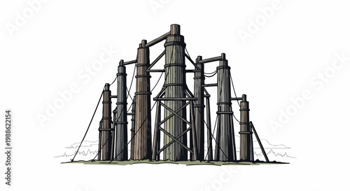 Abstract industrial structure with tall wooden towers and interconnecting cables