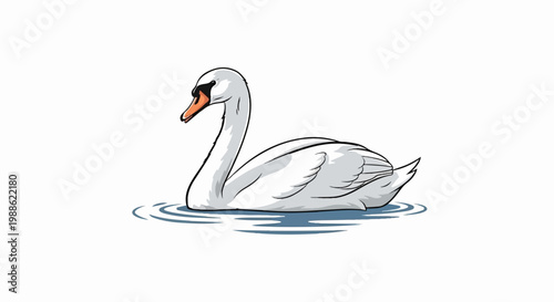 Elegant white swan gracefully glides on rippling water, its serene form captured in simple line art
