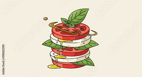 A stacked Caprese salad with drizzling olive oil and fresh basil leaves on a cream background