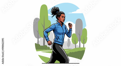 Woman jogging in a park on a path lined with trees under a cloudy sky
