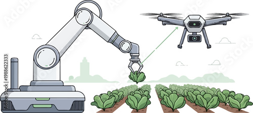 Robotic arm and drone collaborate in a field of crops