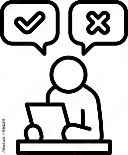 Customer feedback evaluation outline icons set. user, laptop, check mark, cross symbol, review system, approval process, rating concept, online work, decision making, minimal design