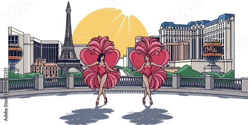 Parisian-themed performers pose before a skyline with iconic structures