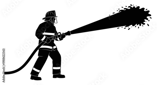 Silhouette of a firefighter in full gear holding a hose and spraying a powerful stream of water.