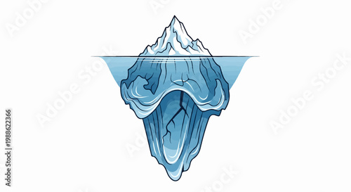 Large iceberg with a visible crack, half submerged in blue water