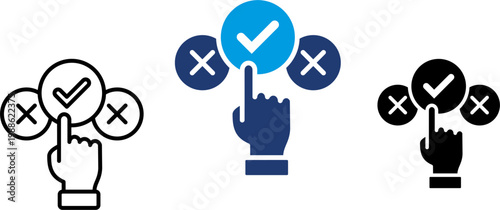 Decision making interface flat icons set. hand gesture, checkmark selection, cross rejection, user choice, option buttons, approval symbol, denial sign, UI elements
