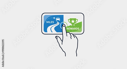 Hand interacts with screen displaying travel miles and rewards icons