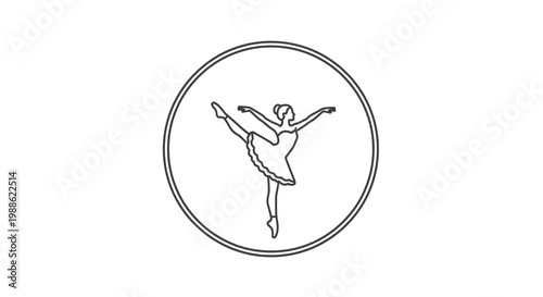 Elegant line art illustration of a ballerina performing an arabesque pose within a simple circular frame, showcasing grace and classical dance.