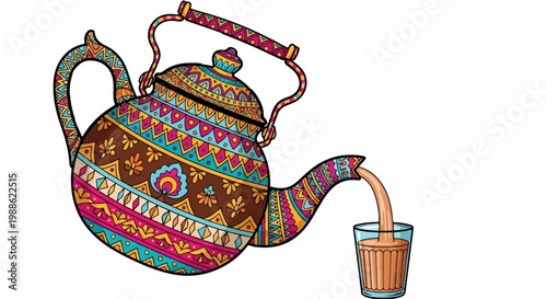 A vibrantly patterned teapot pours tea into a glass