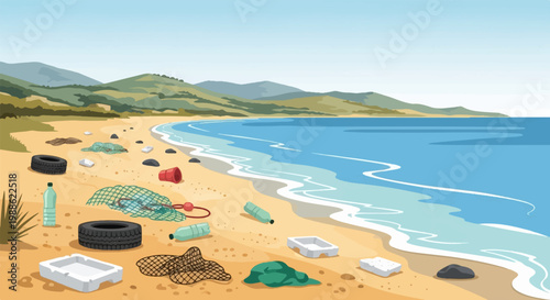 Polluted beach with plastic waste, fishing nets, and tires marring the natural coastline