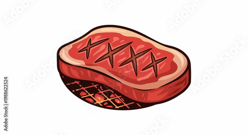 A red steak with crosshatch grill marks sits on a gril