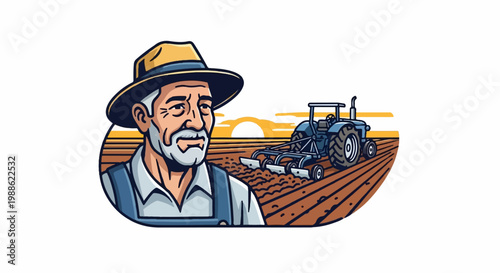 A seasoned farmer with a hat and overalls surveys a field being plowed by a blue tractor at sunrise